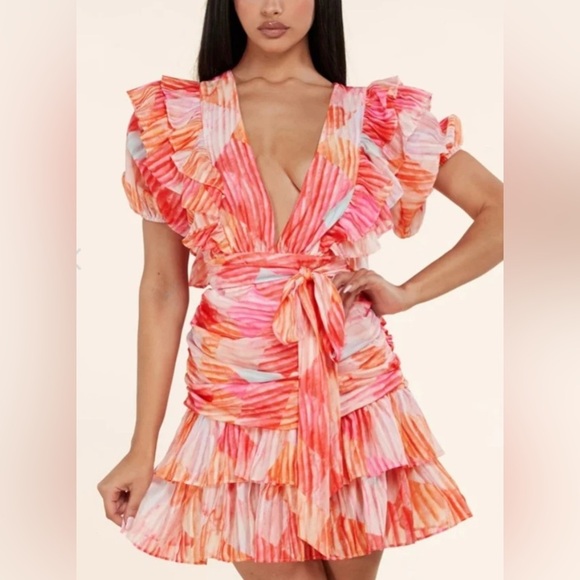 L’atiste Multicolor Ruffle Mini Dress Deep V Flutter Sleeve Ruched Colorful - Picture 1 of 15